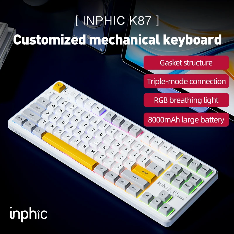 INPHIC K87 Wireless Bluetooth Three-mode Mechanical Keyboard Gasket 5-layer Filling High-value Game E-sports Office wireless mechanical keyboard