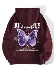 Vibrant Purple Butterfly Print Women's Fleece Hoodie - Casual Autumn Streetwear - XXL (Wine Red)