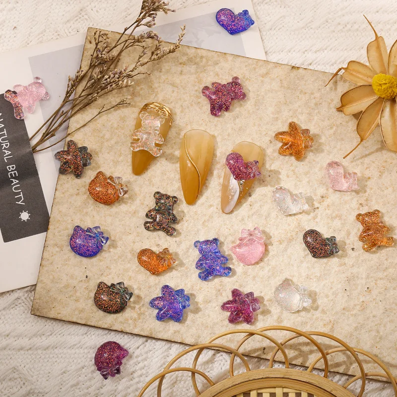 

50pcs Manicure bear bow tie cat head lollipop love silver powder magic sequins color plated resin nail jewelry