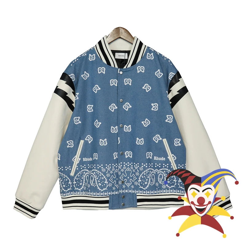 2022fw Rhude Denim Baseball Jacket Men Women Blue Patchwork Cashew