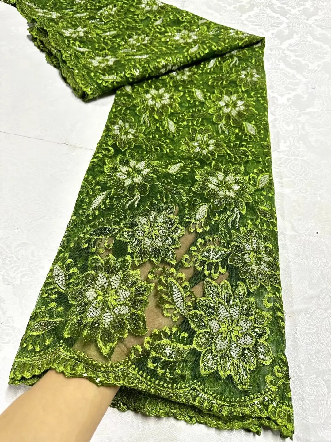 

Green African French Net Lace Fabric With Sequins Embroidered Nigerian Tulle Lace For Party Dresses High Quality Fabric 5 Yards