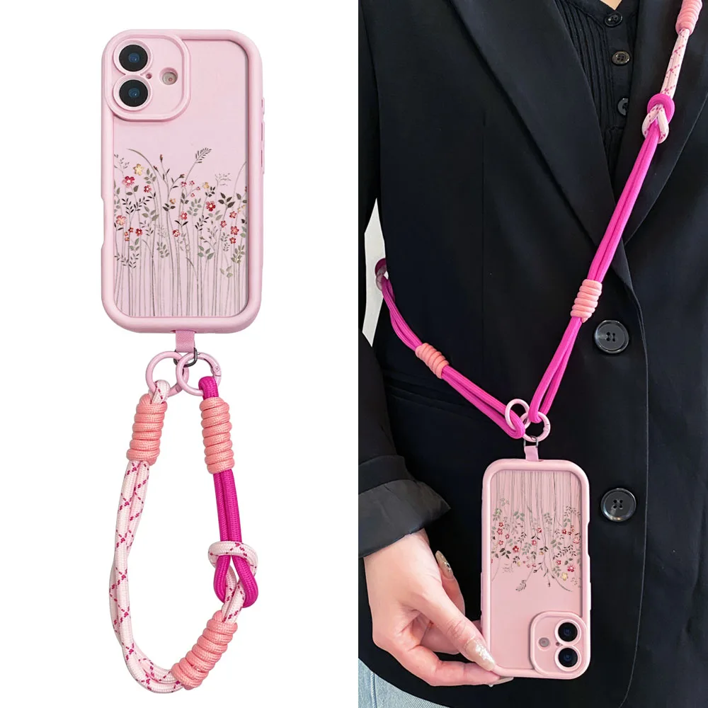 Floral Crossbody Lanyard Phone Case with Necklace Strap and Wrist Chain Cover