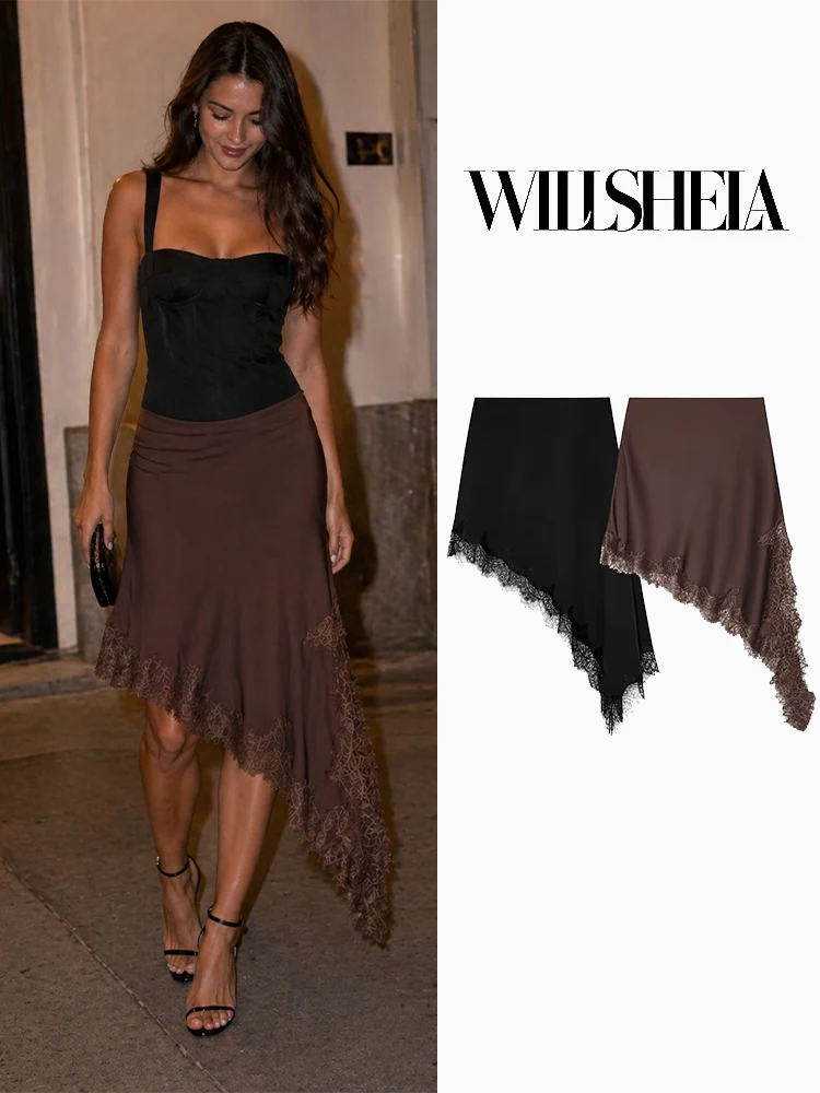Willshela Women Fashion Solid Lace Hem Asymmetrical Mini Skirt Vintage High Elastic Waist Female Chic Lady Skirts