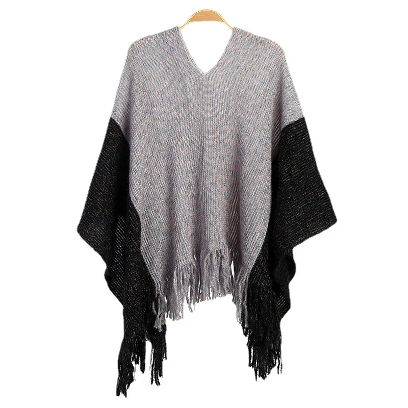 

Autumn Winter New Contrast Tassel Cloak Loose Pullover Women's Knitted Shawl Ponchos Lady Capes Gray