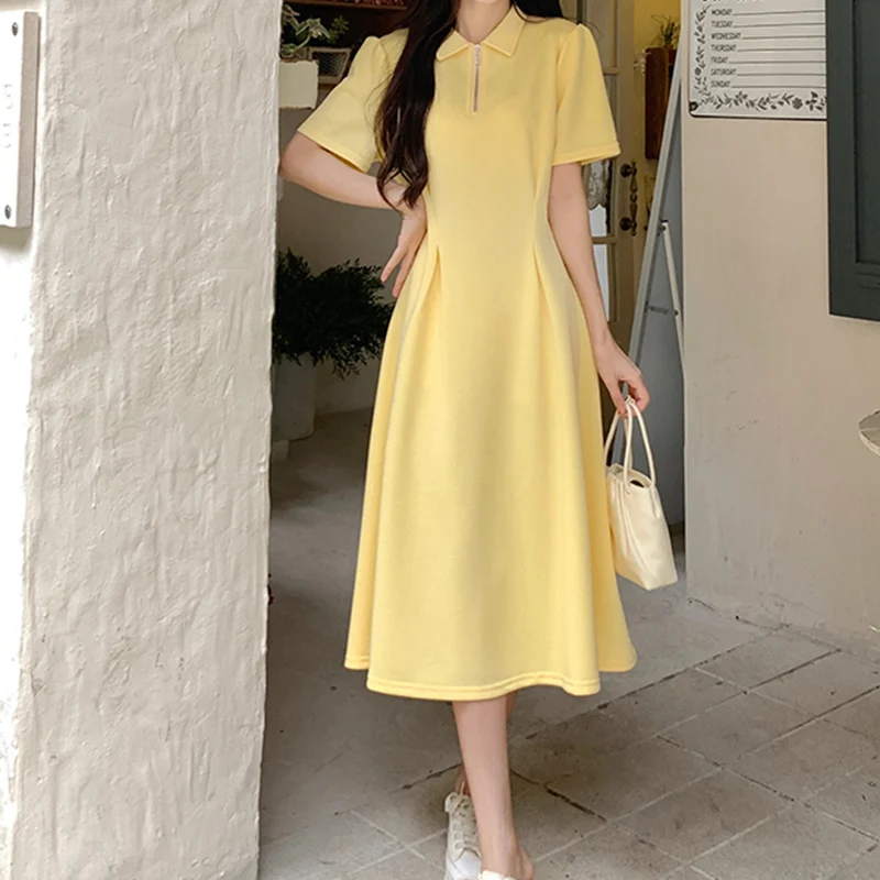 여성용 편안한 지퍼 저렴한 원피스 레이디 데일리 슬림 핏 구김 드레스, 우아한 파티 반팔 미디 원피스, 여름 신상 