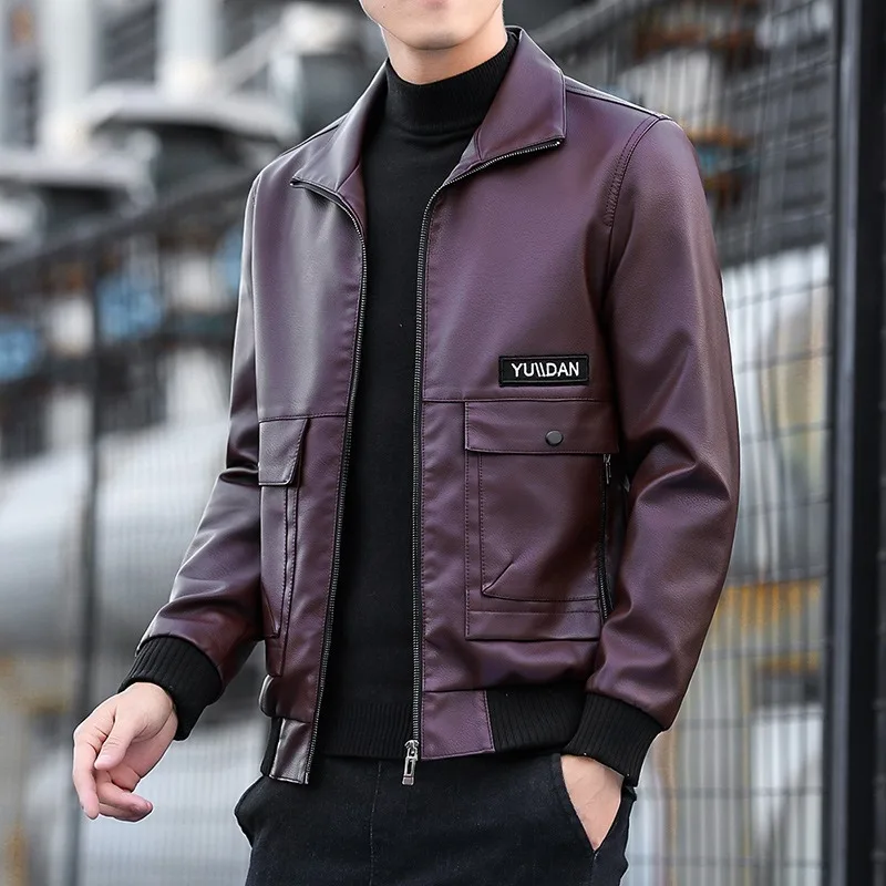 2023 New Men's Jacket Motorcycle Leather Coat Spring and Autumn Fashion Flip Collar PU Leather Coat Men's Casual Coat