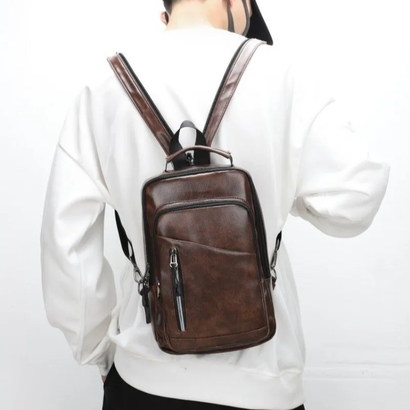 Men's Mini Backpack Solid Color PU Leather Chest Bag Shoulder Bags school bag mochilas de hombre backpack men mochilas bolsos