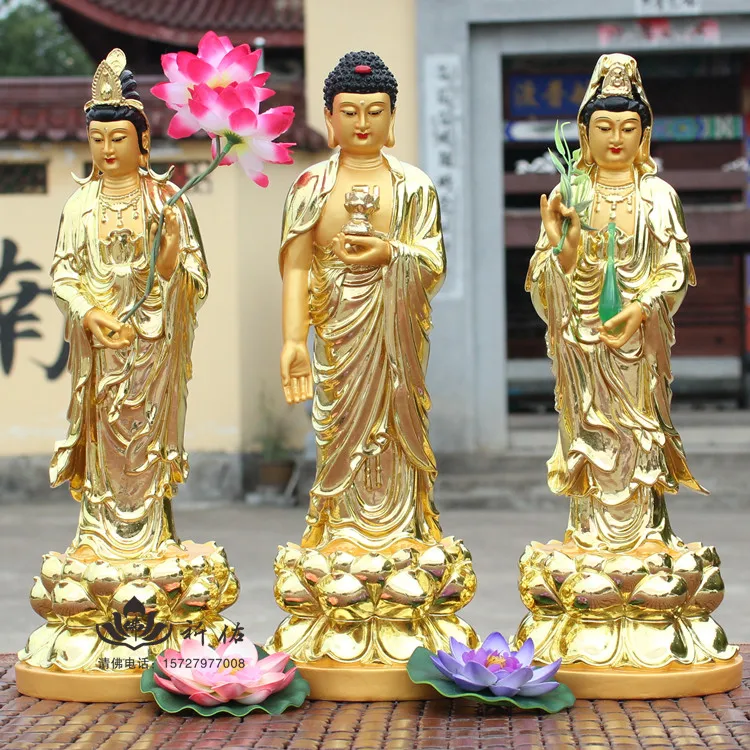 

The Western Three Saints Guanyin Amitabha Buddha Mahāsthāmaprāpta Home Sacrifice Ornaments Peace Resin Buddha Statue FRP