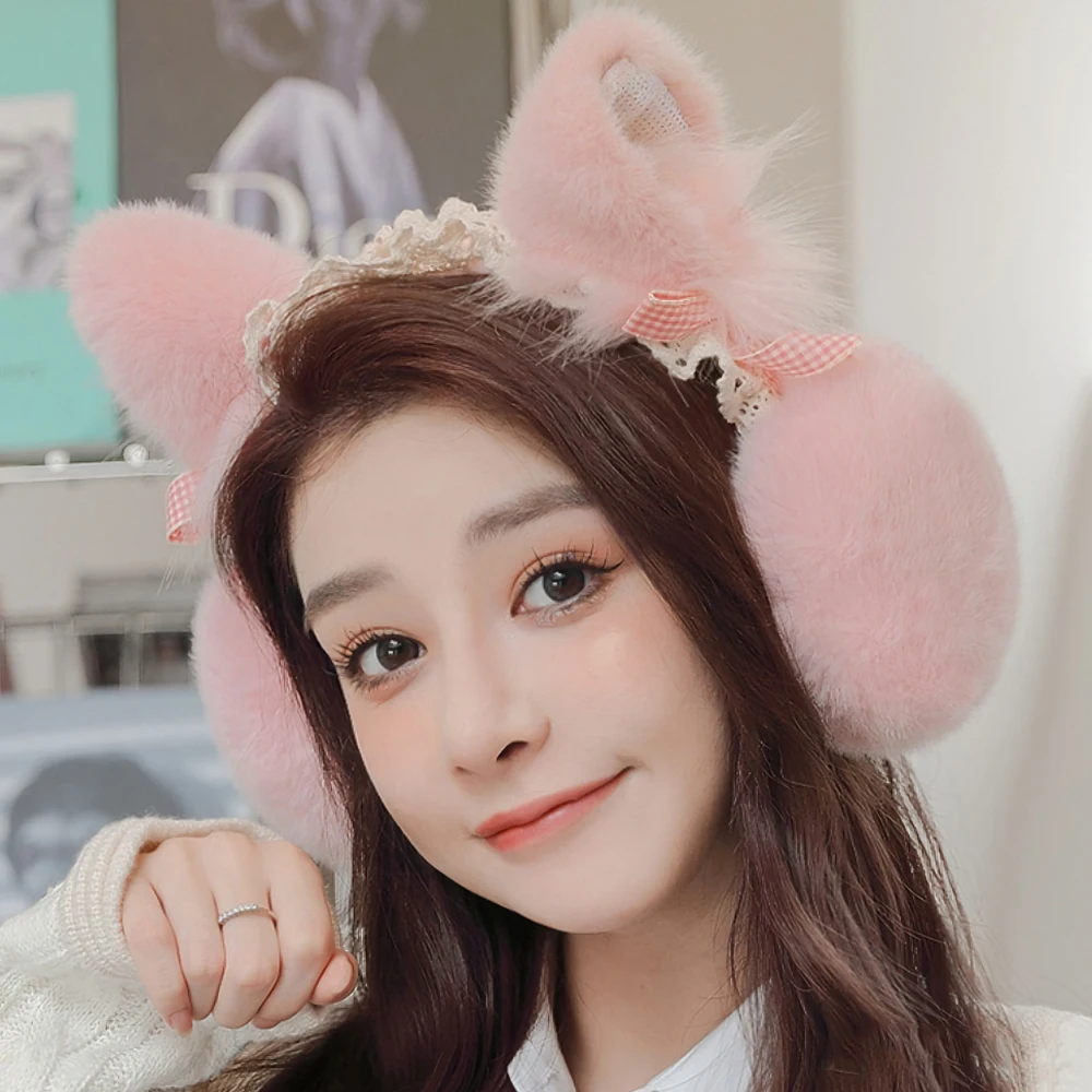 접이식 플러시 고양이 귀 모양 귀마개, 단색 로리타 스타일, 보온 유지, 미끄럼 방지 인조 모피, 겨울 귀 커버, 겨울 물건