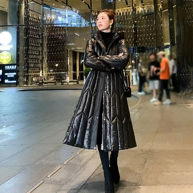 

Winter Long Coat 2023 New Fashion Slim Waist Women's Thicken Down cotton A-word Jacket Warm Hooded Parka Overcoat Female