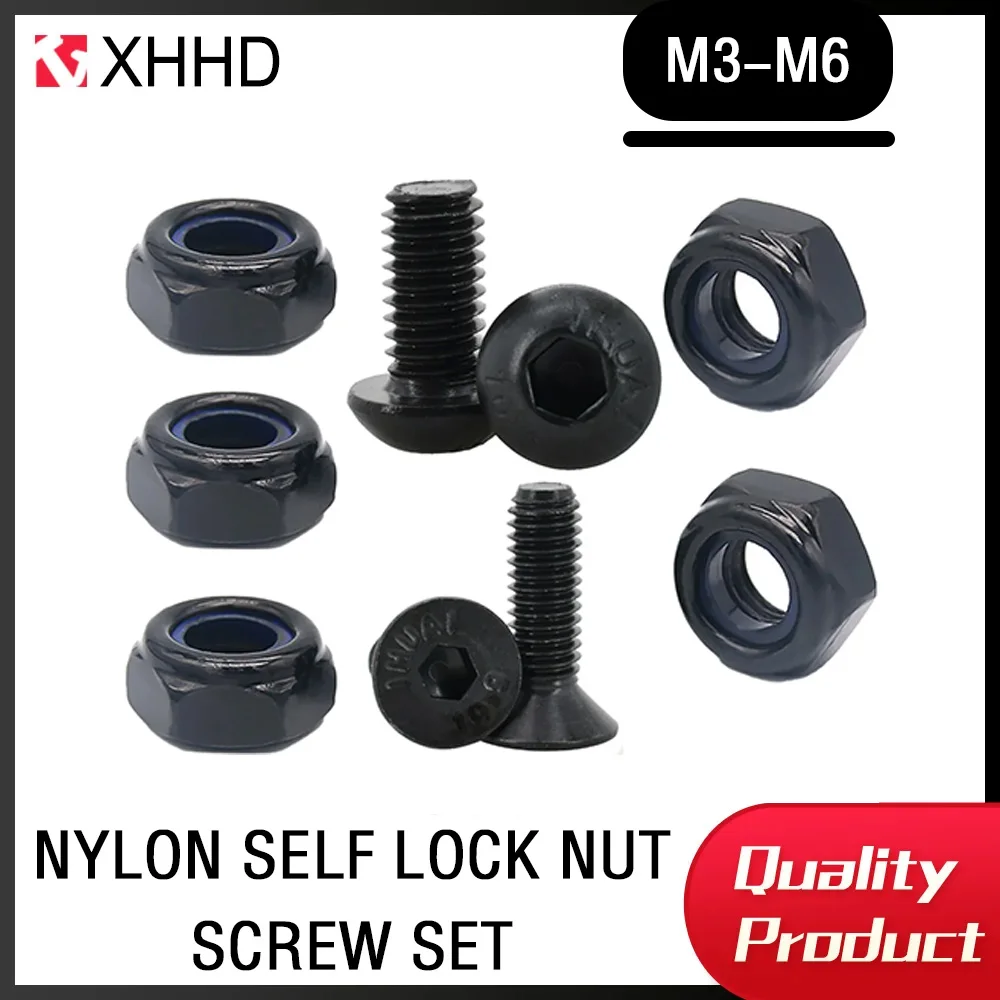 

M2 M3 M4 M5 M6 Metric Threaded Black Carbon Steel Screw Nut Set Hex Hexagonal Allen Countersunk Nylon Self Locking Nuts Bolt Kit