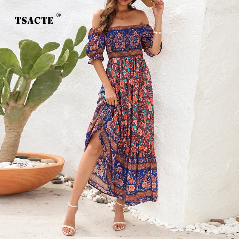 

2023 New Spring And Summer Women's Dresses Bohemian Beach Holiday Skirt One-Shoulder Bubble Sleeve Flower Medium Length Dresses