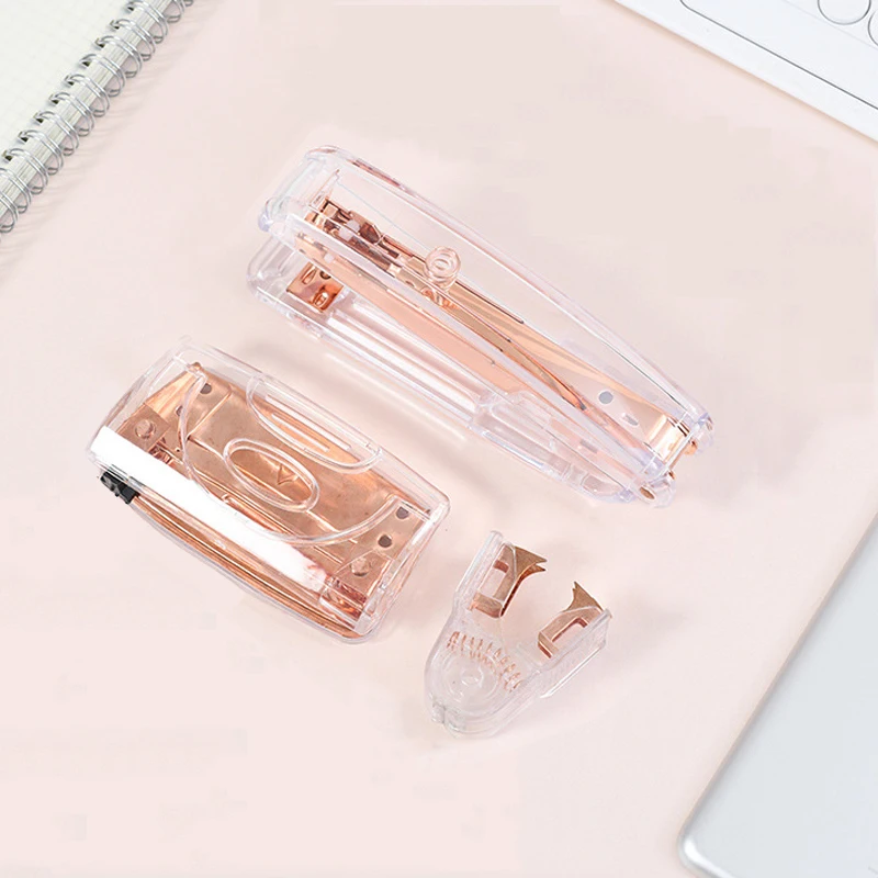 

New Transparent Rose Gold Stapler Puncher Nail Lifter Frosted Colorful Scissors Office Supplies