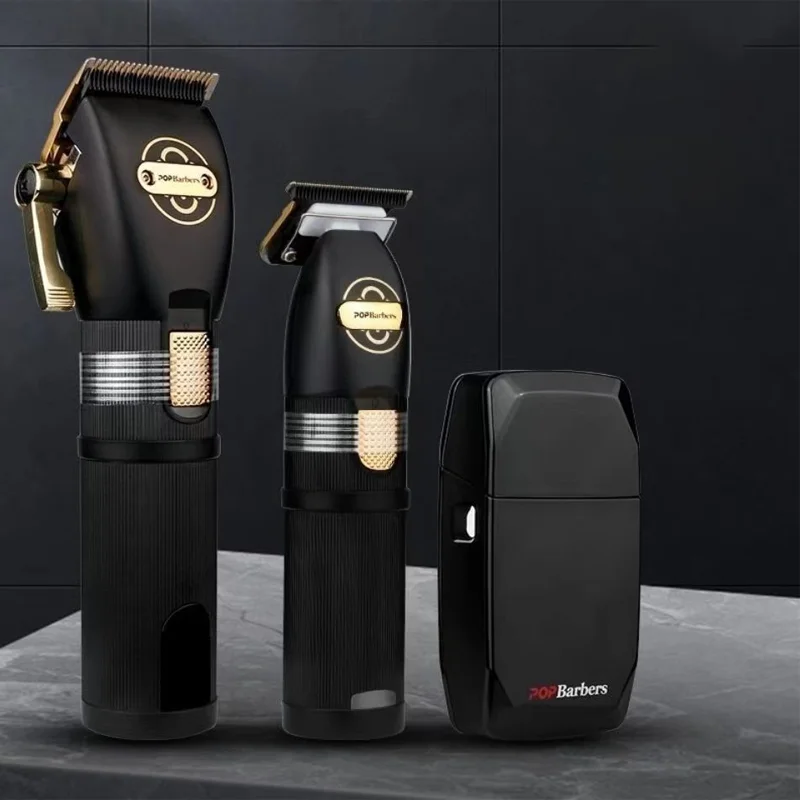 Professional POP Barbershop Electric Hair Clipper Set Trimmer Black and Gold Three-piece Limited Edition Engraving Bald Head