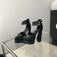 M European Belt Buckle Chunky Heels Pointed-toe Hollow out Super High Heel Platform Footwear Fashion Zipper Square Heel Sandals - Image 4