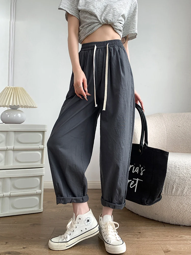 

Gray Cotton Line Capri Pants for Women 2024 Summer Loose High Waist Harem Cargo Pants Women's Baggy Trousers Sweatpants Jogger