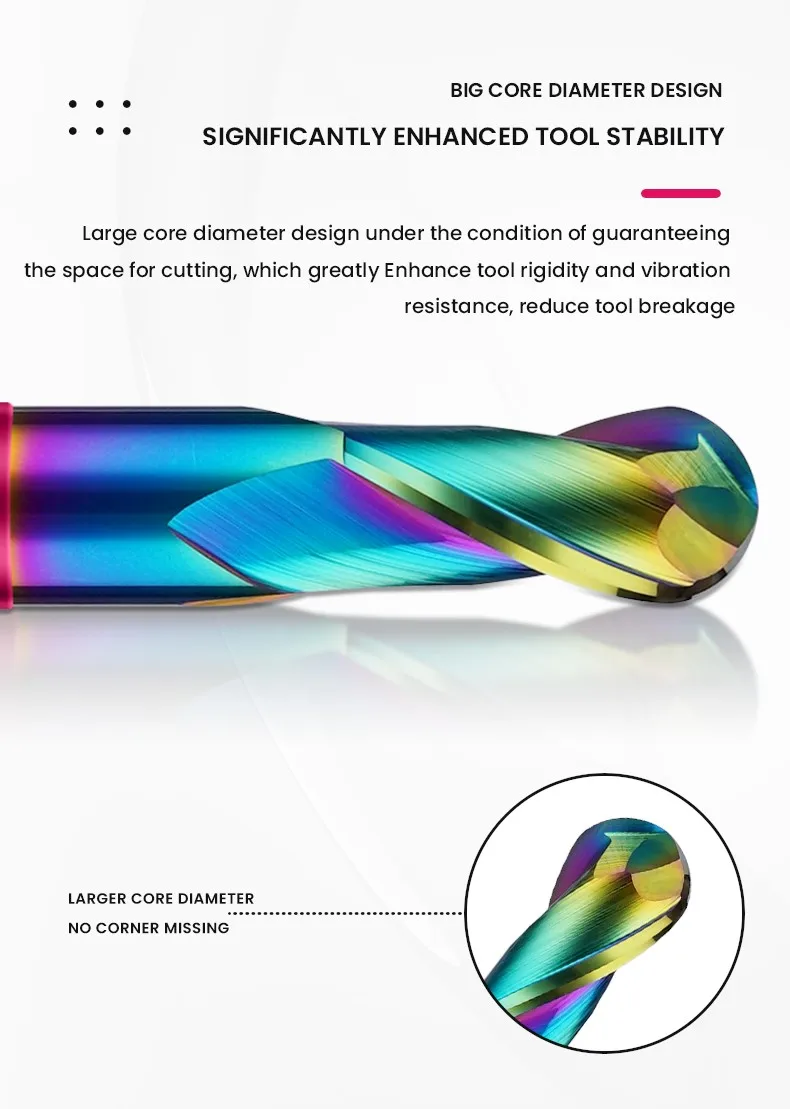 Gamont TGP-HRC60 2-flöte farb kreis dlc-beschichtung wolfram stahl karbid aluminium kugel end fräser cnc bearbeitung fräser – Detail 3