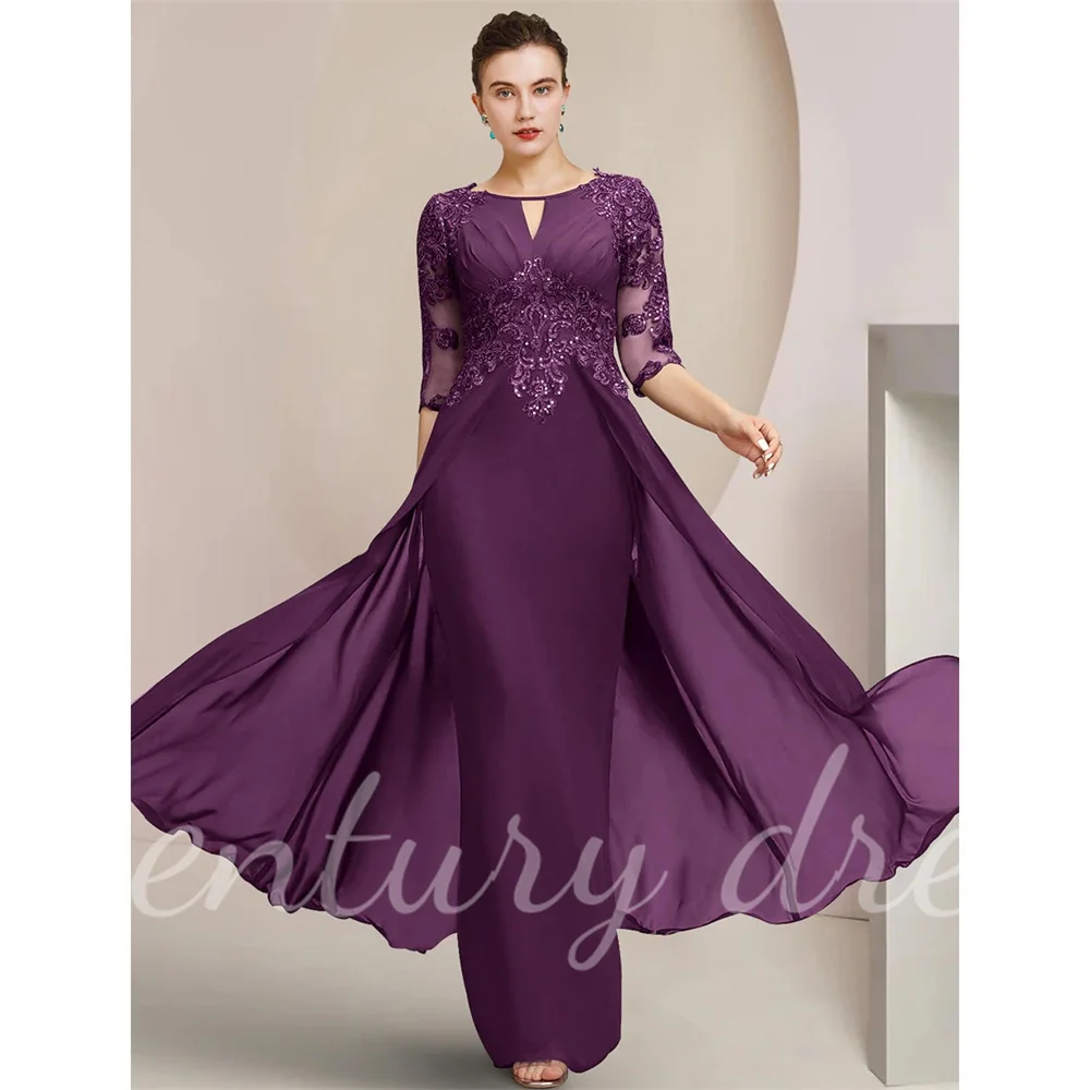 

Sheath Mother of the Bride Dress Formal Wedding Guest Elegant Scoop Neck Floor Length Chiffon Lace with Sequin Appliques