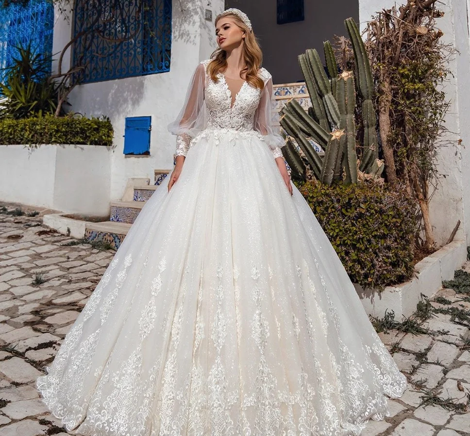 Glitter Puff Long Sleeve Wedding Dresses Lace Applique Deep V Neck Boho Gowns | eBay Glitter Puff Long Sleeve Wedding Dresses Lace Applique Deep V Neck Boho Gowns | eBay