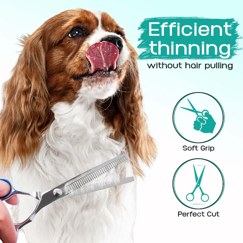 Dog Grooming Scissors Kit Professional Dogs Grooming Scissors Set Stainless Steel Dog and Cat Hair Thinning Shears With Safety Round Tip For Pet