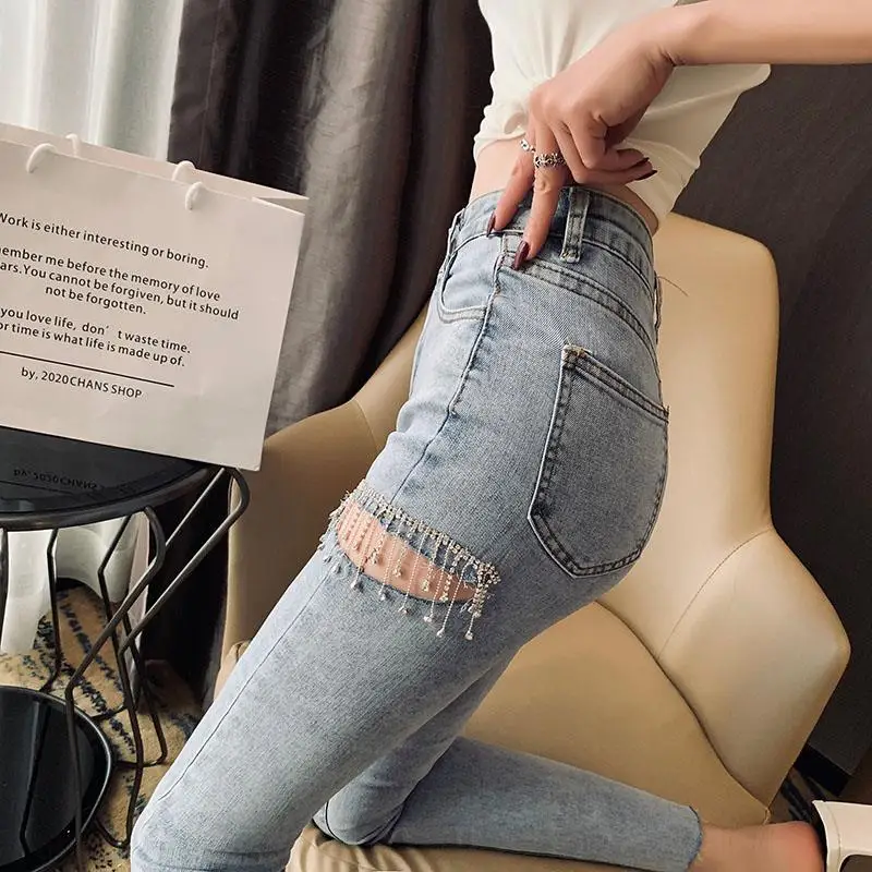 

New Skinny Jeans for Women Female Pant Slim Elastic Stretch Jeans Sexy Denim Blue Skinny Pencil Pant Pearl Deco Trousers A487