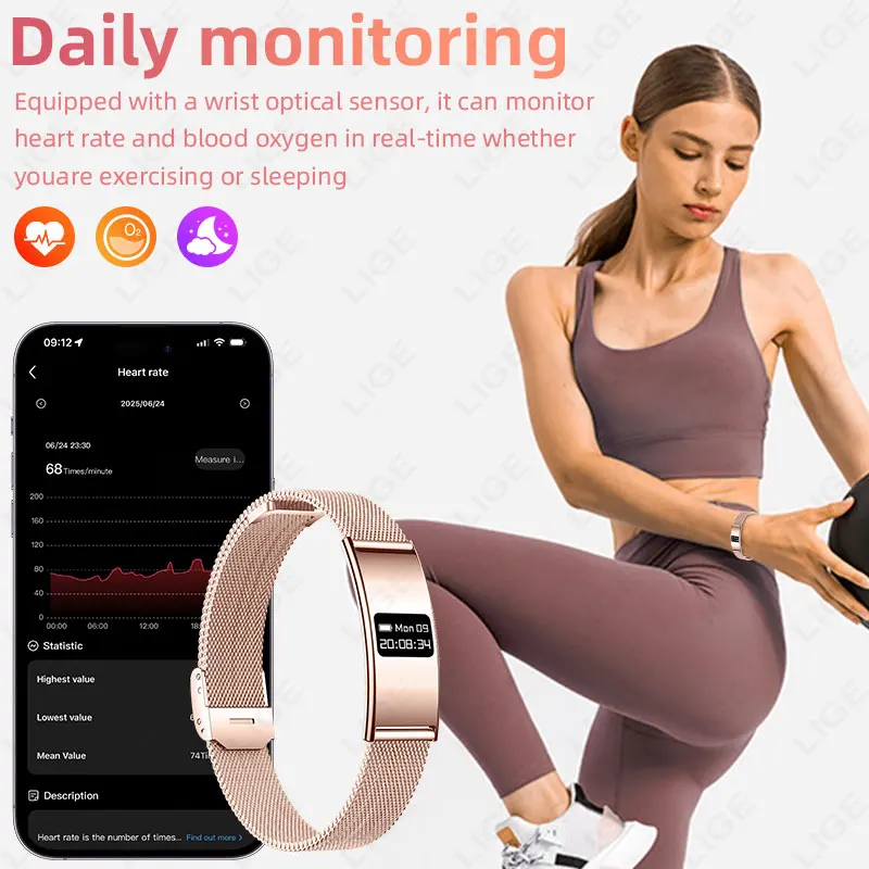 LIGE Ultra-thin Sport Smart Bracelet HRV Blood Oxygen Stress Test Health Monitor Fitness Band Pedometer Call Reminder Smartwatch