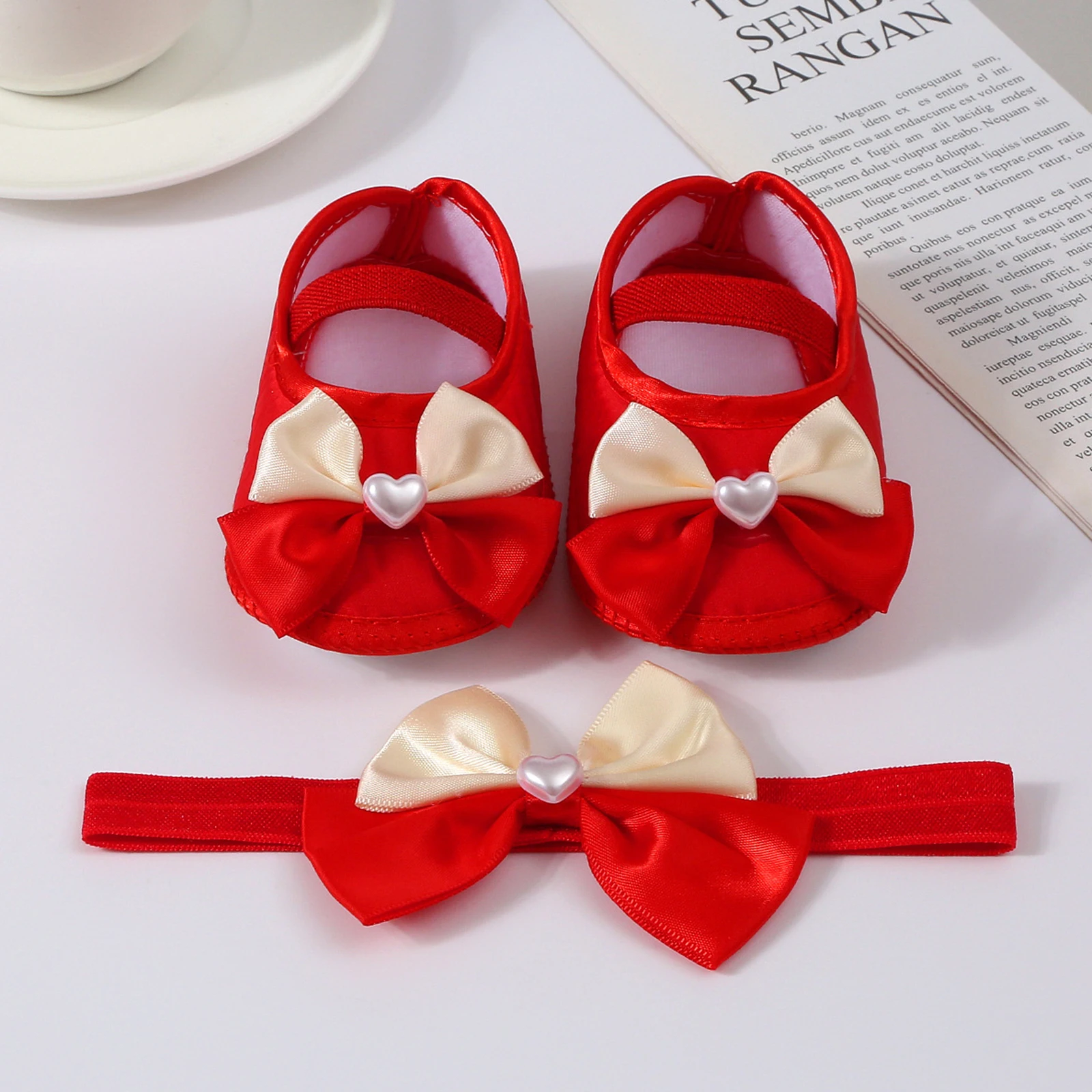 Baby Girls Baptism Shoes and Headband Cute Heart Pearl Bowknot Flats Crib Shoes and Hairband Set for Infants Toddlers