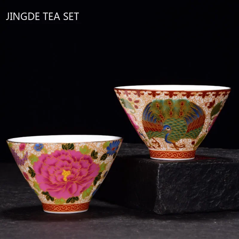 Tea Cup Chinese Handmade Porcelain Tea Cup Dragon and Phoenix Pattern Teacup Ceramic Master Cup Personal Tea Bowl Teaware