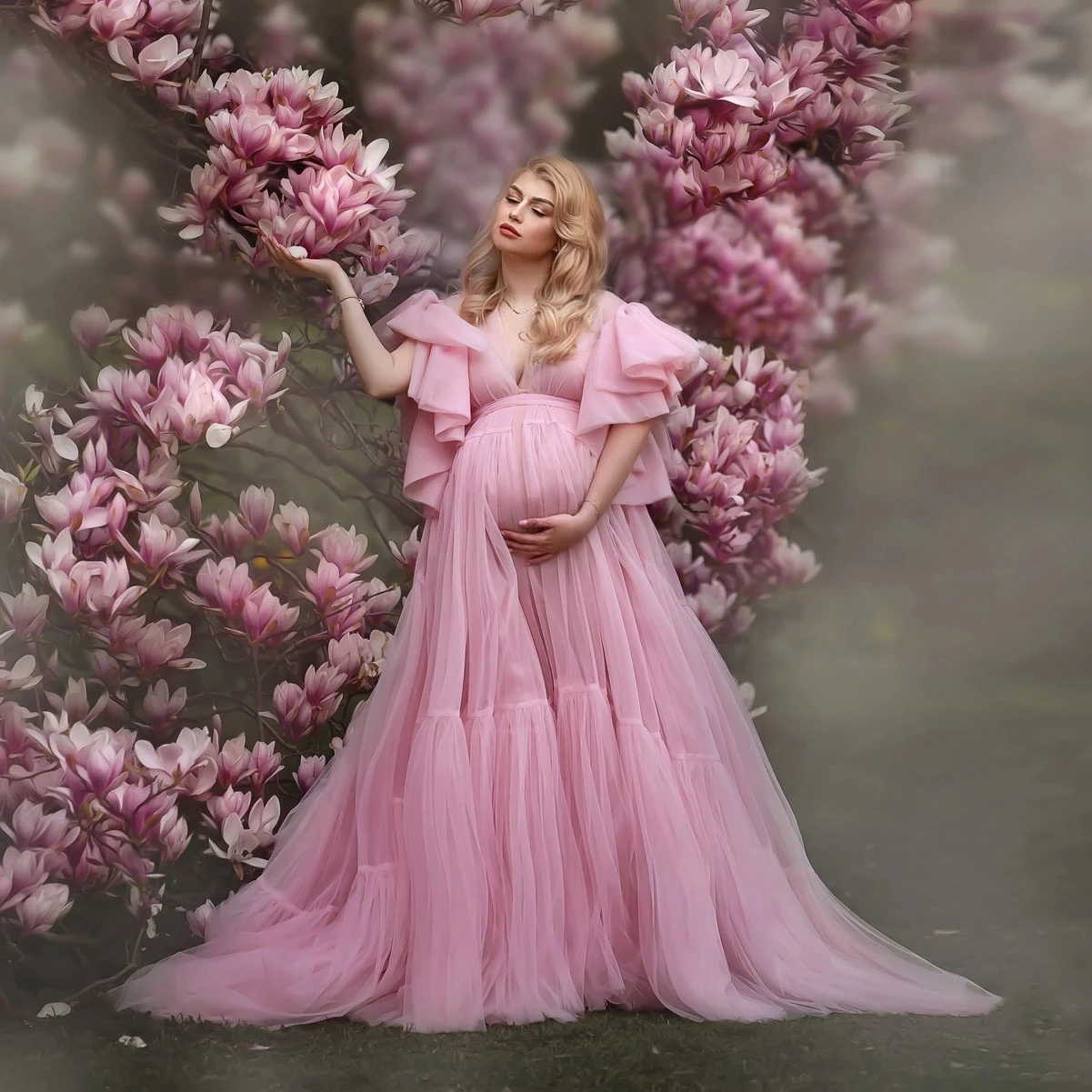 

Pink A-line Deep V-neck Pregnant Women Photo Shoot Robes Tulle Maternity Robe Women Dress Baby Shower Gowns Photography