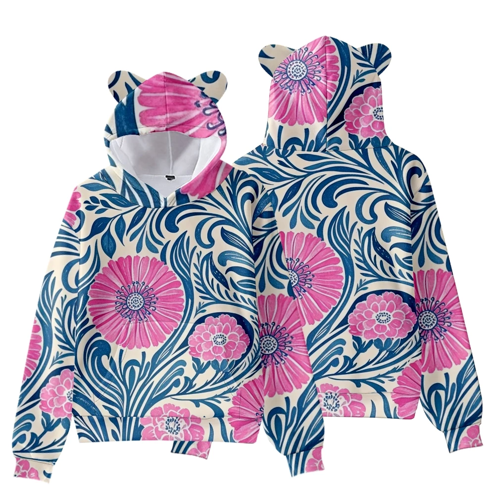 Niedlicher Damen-Kapuzenpullover mit Bärenohren, Blumendruck, weiches, lässiges, locker sitzendes Sweatshirt, gemütlicher Pullover mit botanischem Muster für tägliche Loungewear – Detail 19