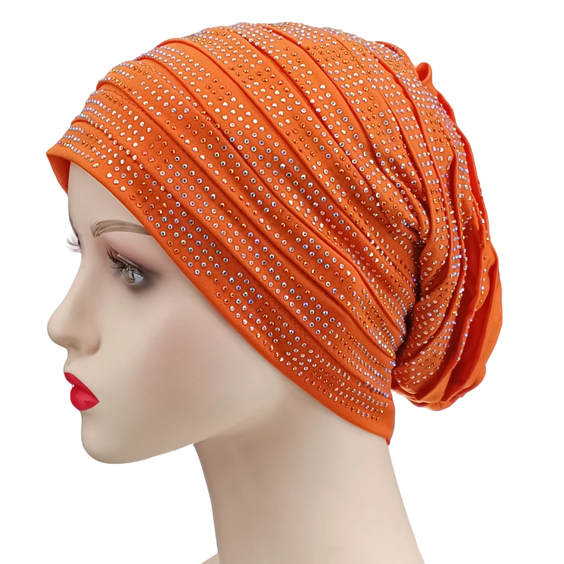 

Nice Ladies Head Wraps Muslim Hijab Bonnets Fashion Rhinestones Headgear Trending Elastic Full Body Pleated Turban Cap For Women