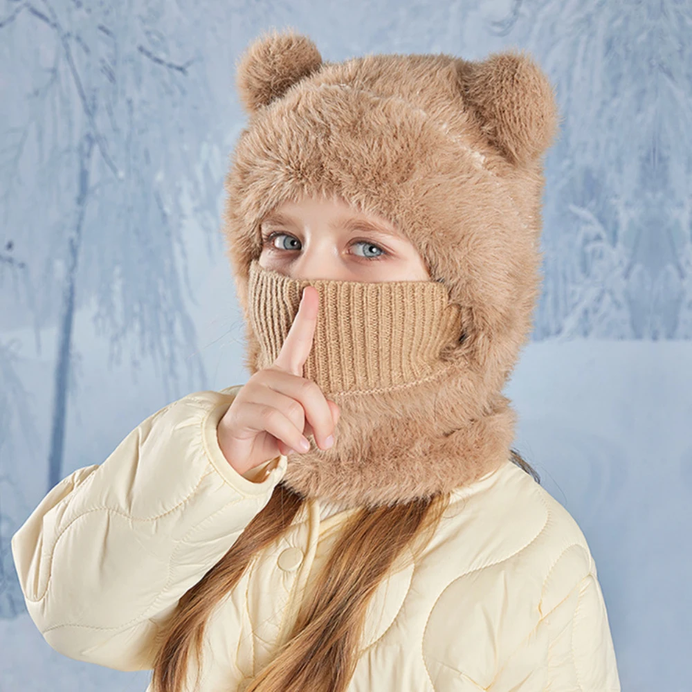 HT4527 Cute Ears Winter Hat Scarf Mask for Kids Soft Fleece Snow Ski Earflap Cap Child Hat with Scarf Mask Boys Girls Winter Set