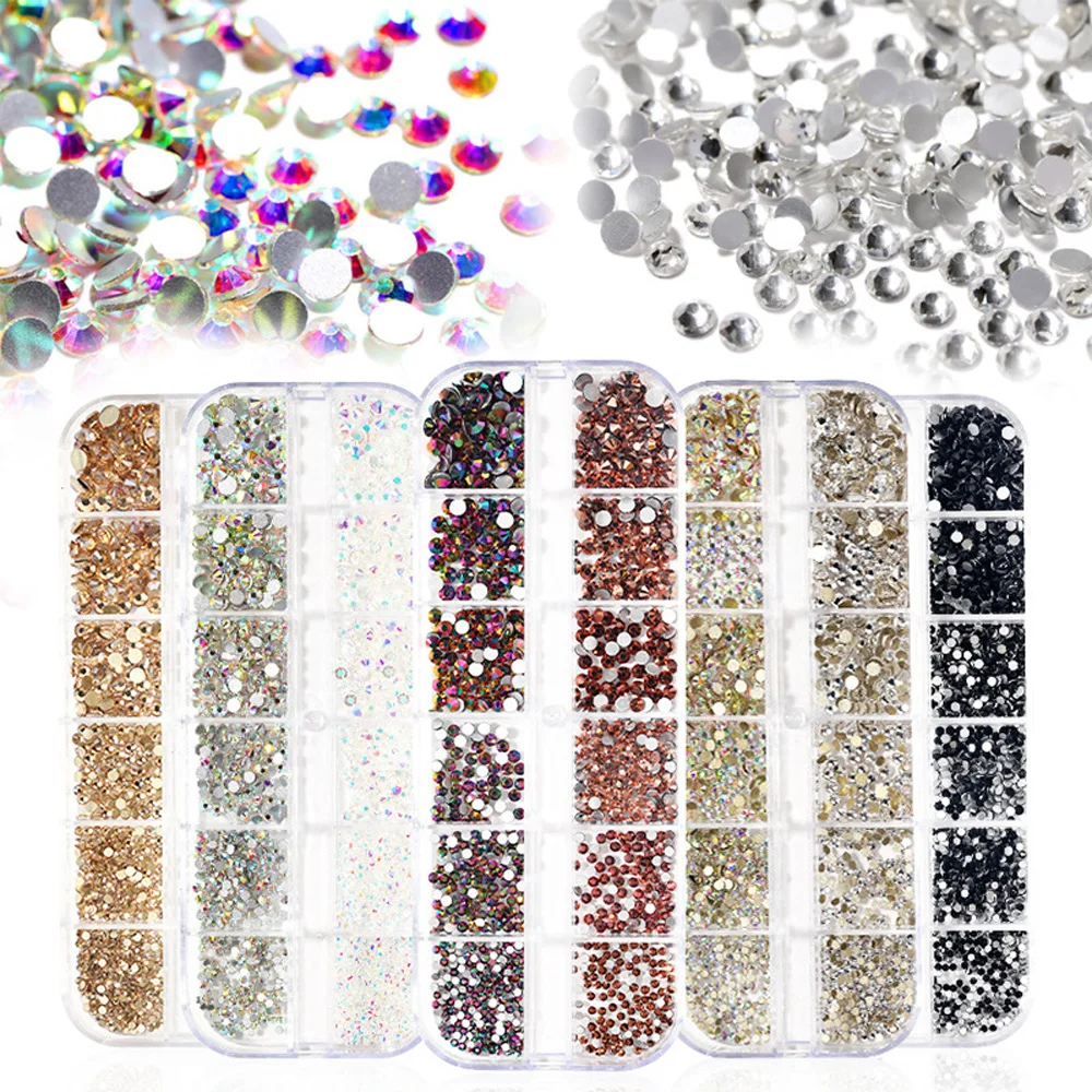 

12Gird/Box Multi Size AB/Colorful Hotfix Rhinestones Flatback Crystal Diamond Gems 3D Glitter Round Shape Nail Art Decorations