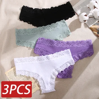 레이스 심리스 코튼 팬티, 골지 브라질 바지, 로우 웨이스트, 통기성 팬티, 여아 속옷, 플러스 사이즈 란제리, 3 개