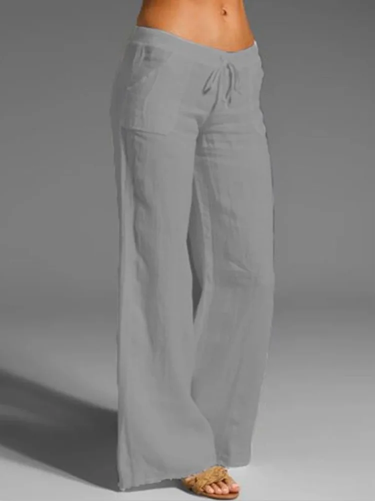 2023 new Women Drawstring Casual Pants Cotton Linen White Black Khaki Breathable Spring Summer Straight Trousers S 4XL 2