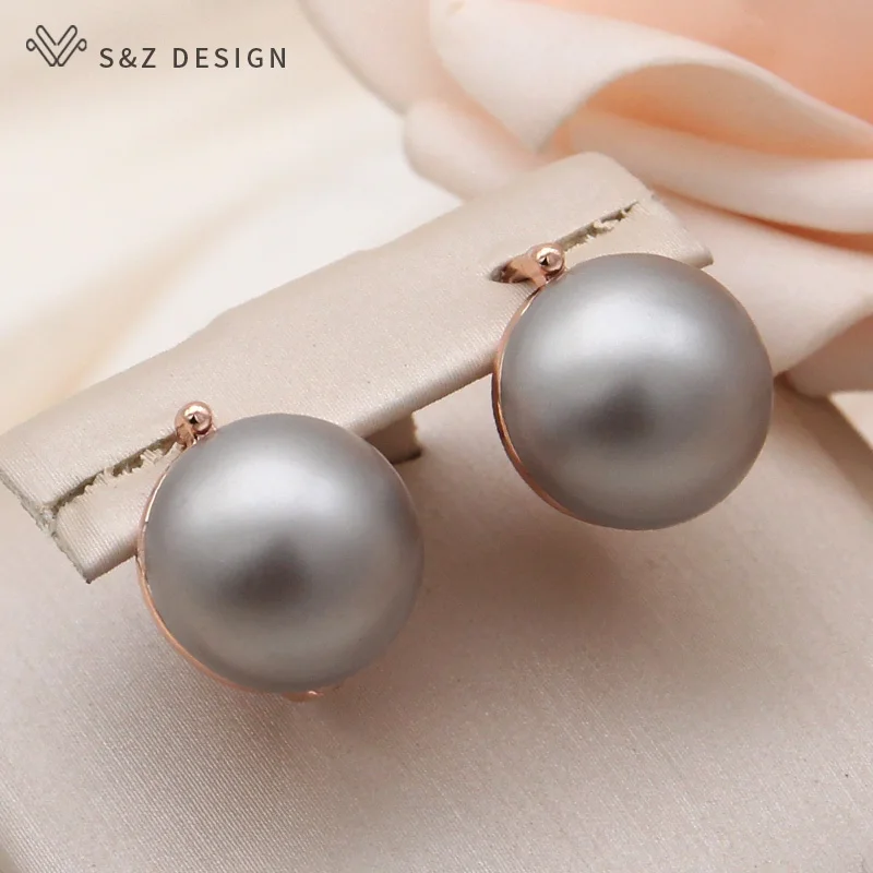 S&Z DESIGN New Fashion Elegant Vintage Round Simulated-pearl Dangle Earrings For Women Jewelry 585 Rose Gold Color Eardrop Gift