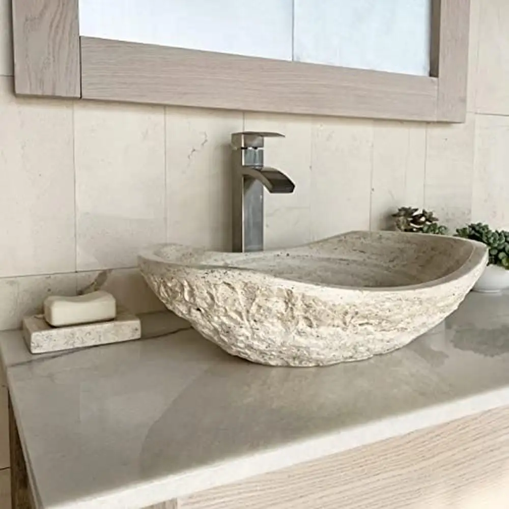 Natural Travertine Chiseled Oval Canoe Vessel Sink Hand Carved Real Stone Free Soap Tray Rustic Elegance Bathroom Upgrade 2