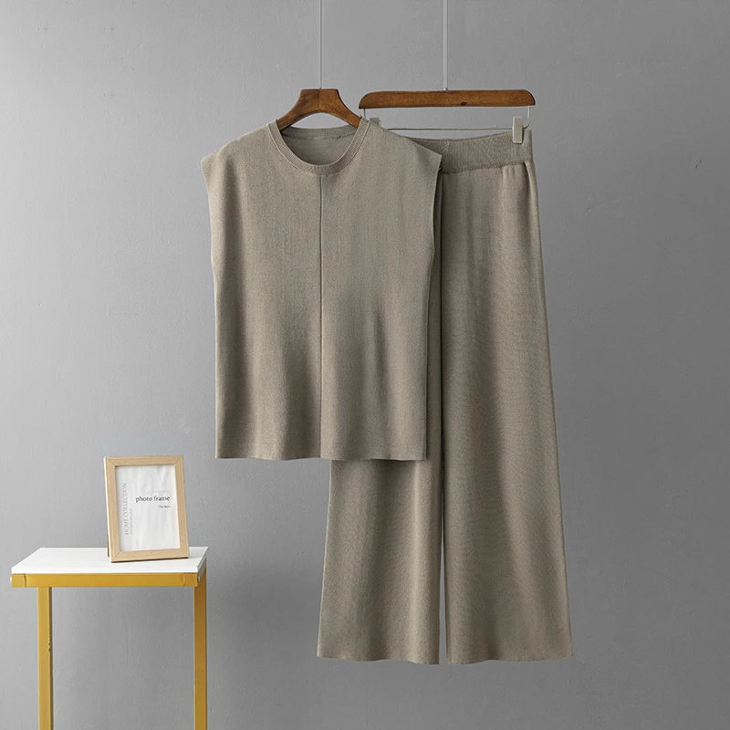Women's Sleeveless Vest Sweater and Wide-leg Pants Ice Silk Suit Summer Solid Color Casual Outfit Pullovers Suits Knit Tracksuit