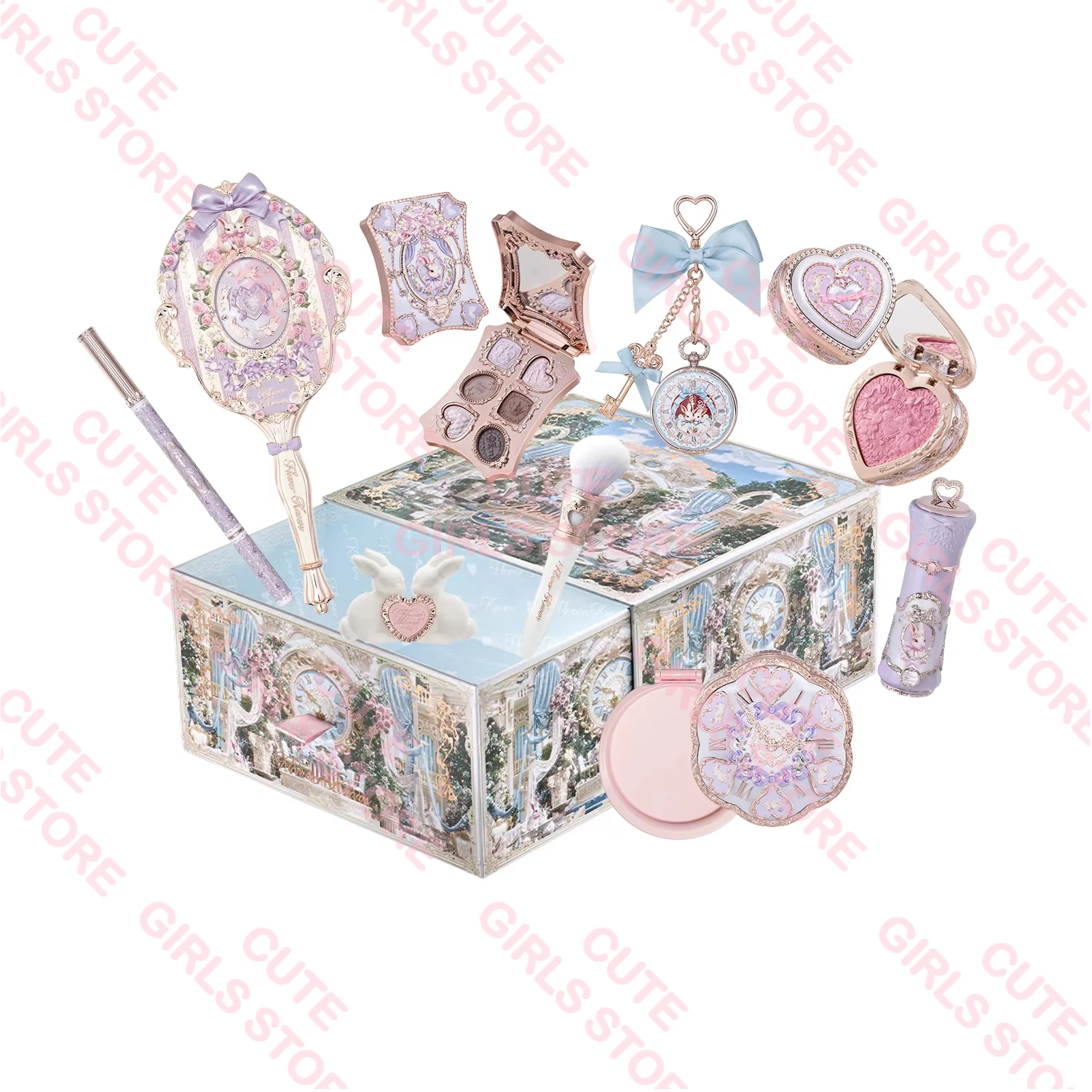 Flower Knows Bunny Garden All-in-One Makeup Set:New Pink Shoulder Bag Cushion Eyeshadow Palette, Lip Gloss, Blush, Cosmetic Kit