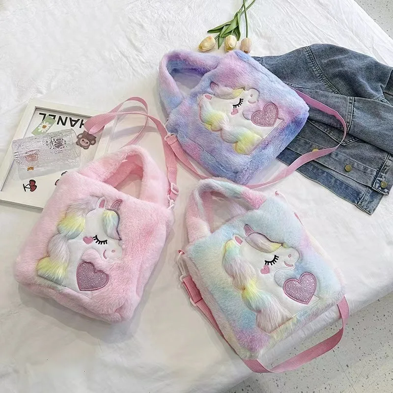 Kids Bags Shoulder Bags Cartoon Embroidered Plush One Shoulder Bag Cute Girl Children's Handbag Unicorn Girl Crossbody Bag Spot