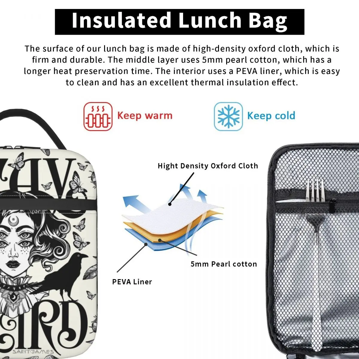 Stay Weird Insulated Lunch Bag for Women Leakproof Halloween Witch Cooler Thermal Lunch Tote Beach Camping Travel