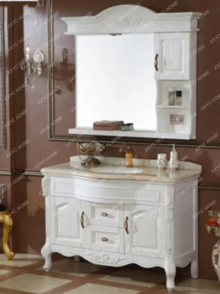 Oak Wood Carved Floor Cabinet Hand Washing and Face Washing Bathroom Cabinet Combination