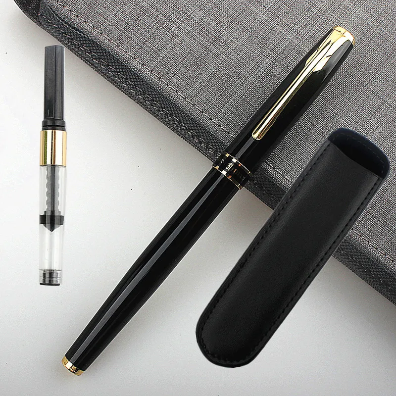Luxury HongDian Metal black gold clip Fountain Pen 0.5mm Nib Ink Pen With A Converter School Business Office Gift Writing Pen