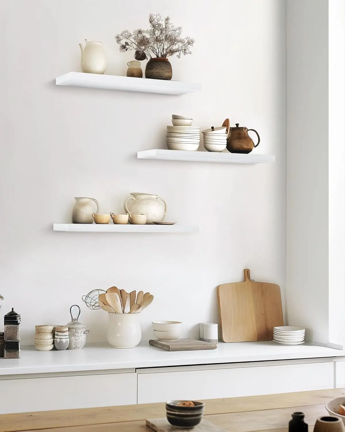 22.5" Floating Shelves. Wall-Mounted Rustic Wood Shelves. Bathroom, Bedroom, Living Room. White, Set of 3