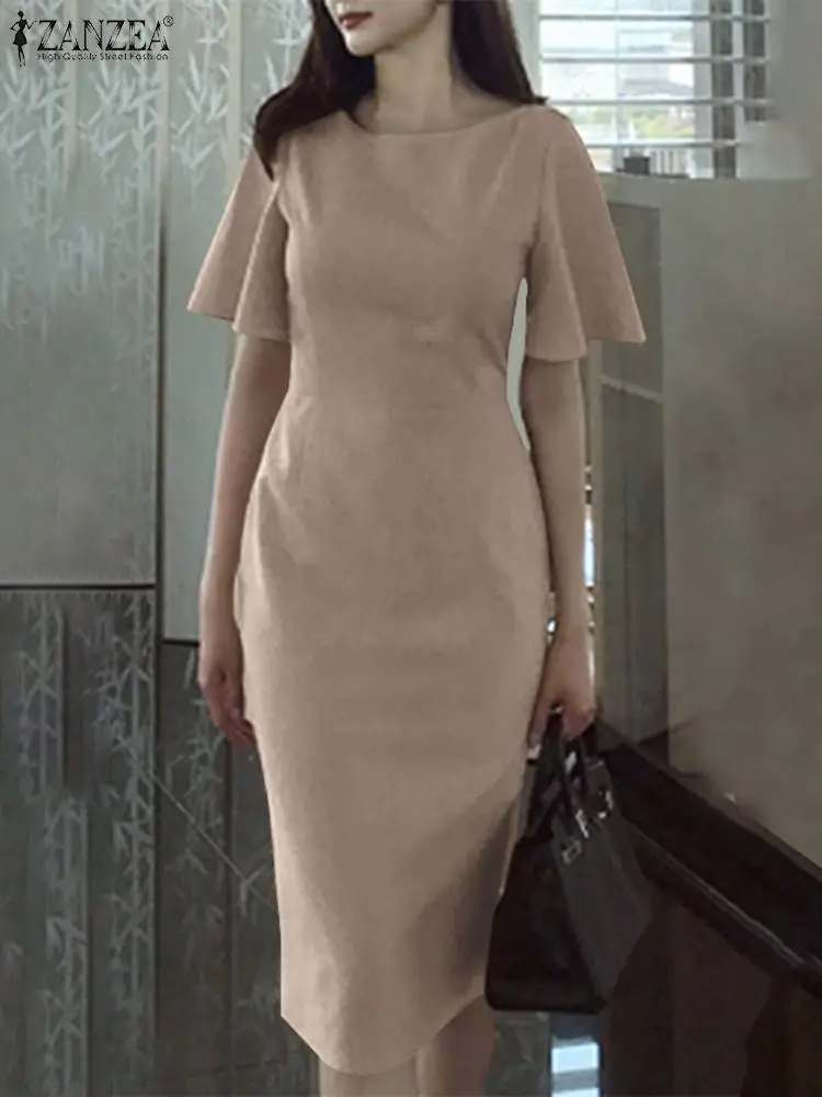 

ZANZEA Women Ruffle Short Sleeve Party Dress Elegant Vintage Slim Wrap Hips Midi Robe 2024 Summer Fashion Vestidos Korean Robe
