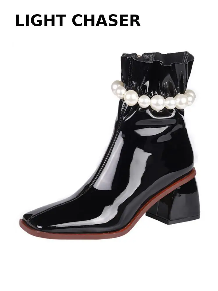 Vintage Women's Boots Square Toe High Thick Heels Zipper Ladies Ankle Boots Fashion Patent Leather Short Sewing Female Shoes