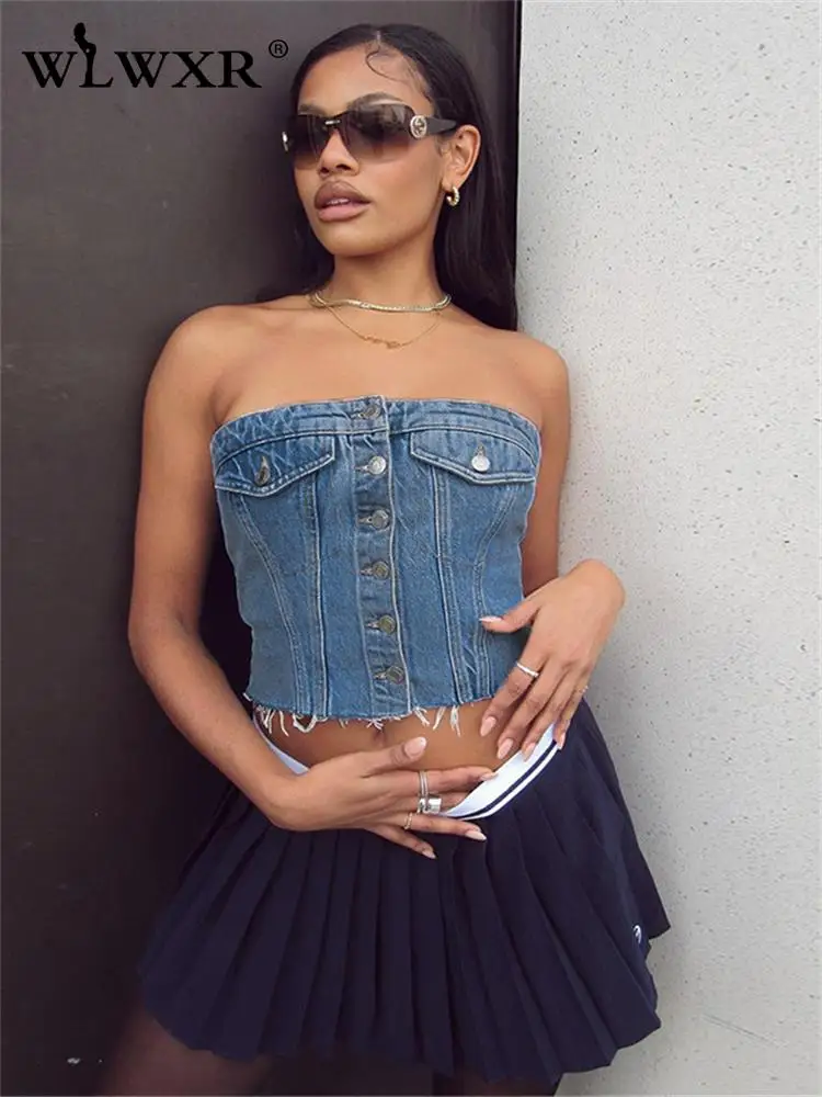 

KOLLIEY Summer Streetwear Single Breasted Strapless Crop Tops For Women 2023 Backless Corset Tops Multi-pocket Denim Tube Tops
