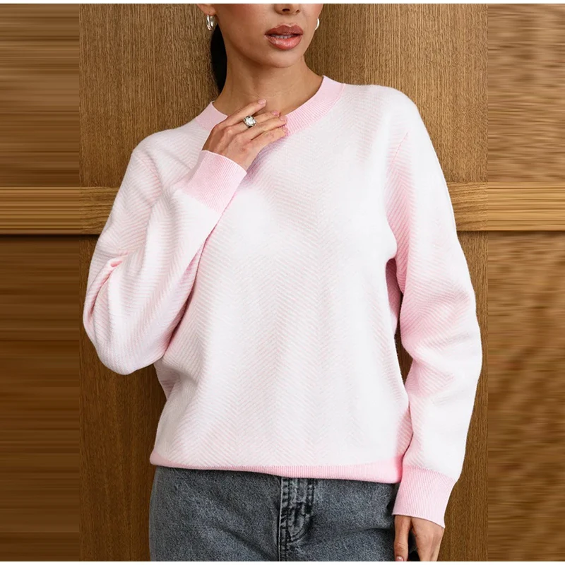 Einfarbiger Damen-Strickpullover mit Fischgrätenmuster, Rundhalsausschnitt, lange Ärmel, modisches Oberteil, 2025, Herbst, Damen, Alltag, Freizeit-Oberbekleidung – Detail 21