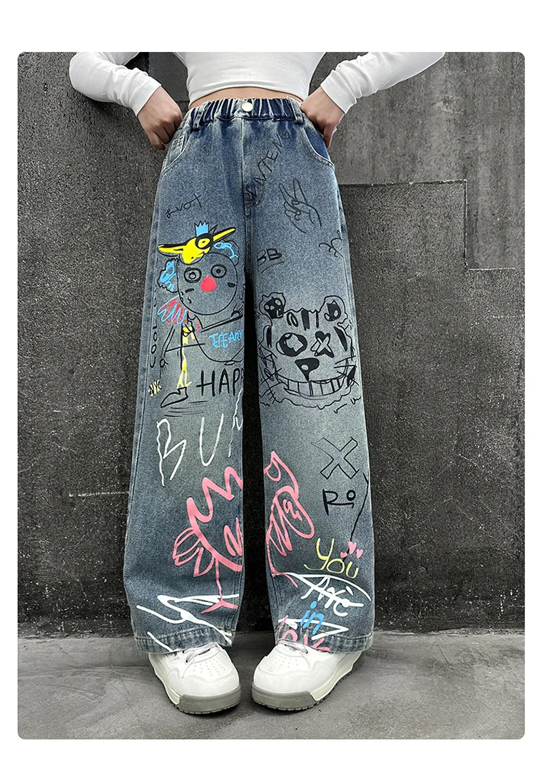 تصميم جديد للأطفال مطبوعة الهيب هوب الجينز للفتيات موضة عالية الشارع الشهير الدنيم السراويل الاطفال العصرية الكرتون الجينز السراويل 4-14T