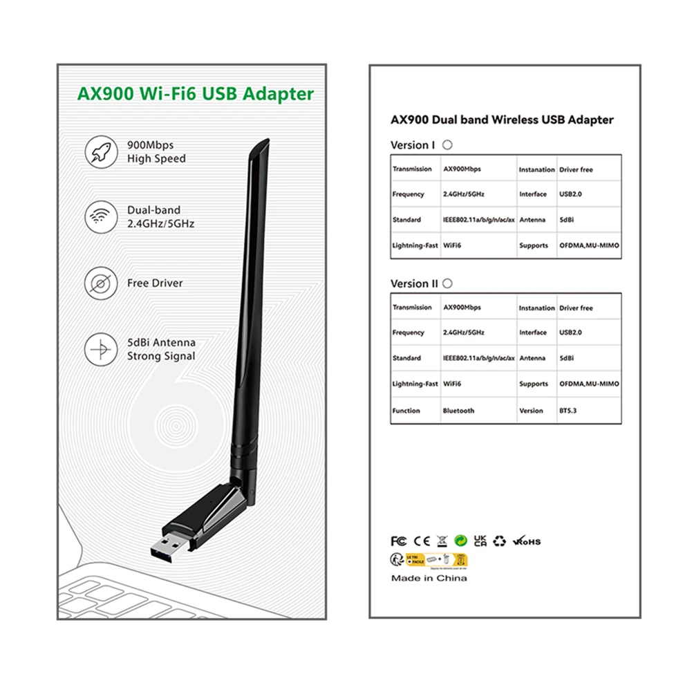 AX900 Wireless WiFi Network Card 900Mbps WiFi6 USB Adapter Dual Band 2.4G 5G 2 in 1 Dongle Driver Free For Windows 7/10/11 Linux